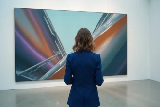 Femme admirant une peinture futuriste aux formes géométriques et couleurs métalliques dans une galerie d'art contemporain minimaliste