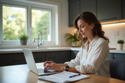 Femme d'âge moyen examinant des documents de prêt immobilier à la maison