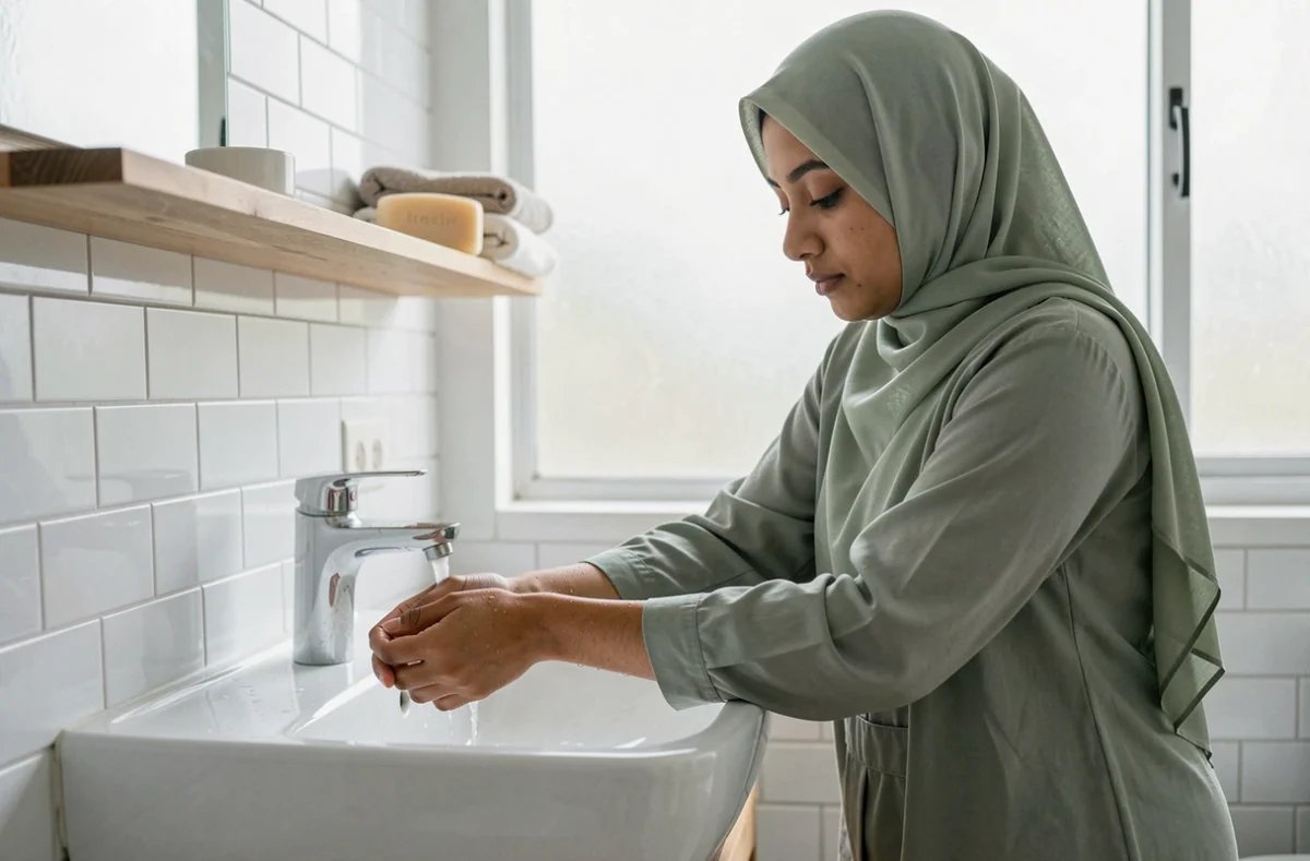 Jeune femme voilée effectuant les ablutions avant la prière dans une salle de bain moderne