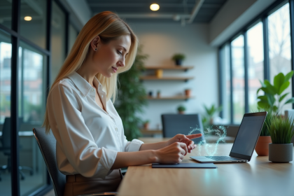 Femme d'âge moyen utilisant une tablette holographique dans un bureau moderne