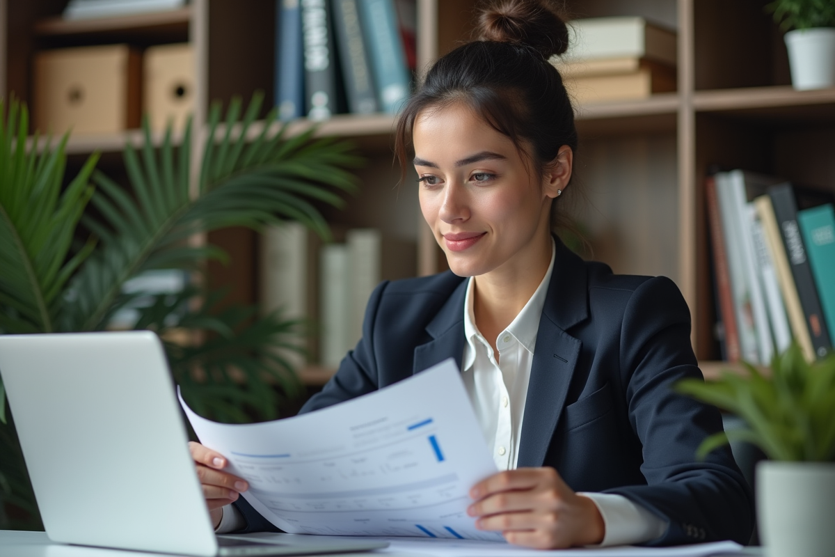 Jeune femme professionnelle analysant des documents ESG au bureau