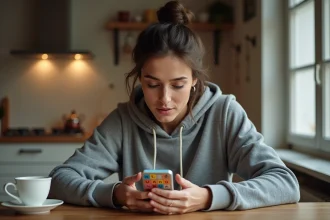 Femme jouant à 4 Images 1 Mot sur smartphone avec des tuiles de lettres colorées affichées à l'écran