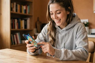 Jeune femme jouant à Coin Master sur smartphone avec des spins gratuits affichés à l'écran