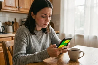 Femme concentrée jouant à Sutom sur son smartphone à une table de cuisine en bois, illustrant l'addiction aux jeux de lettres quotidiens