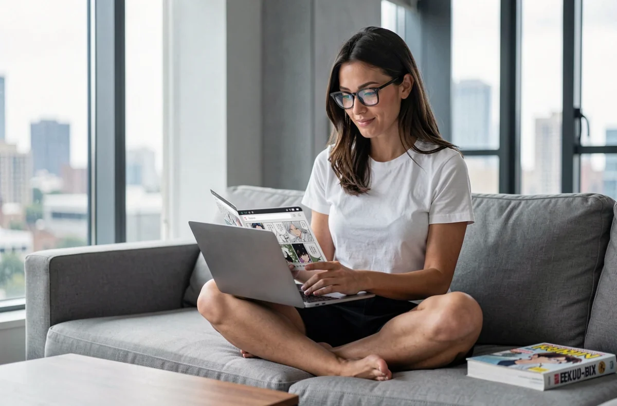 Femme parcourant un site de scan manga sur son ordinateur portable dans un appartement moderne