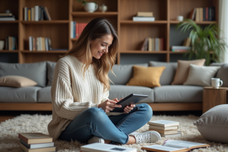 Femme lisant un ebook dans un salon chaleureux