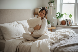 Femme en loungewear cosy dans une chambre apaisante
