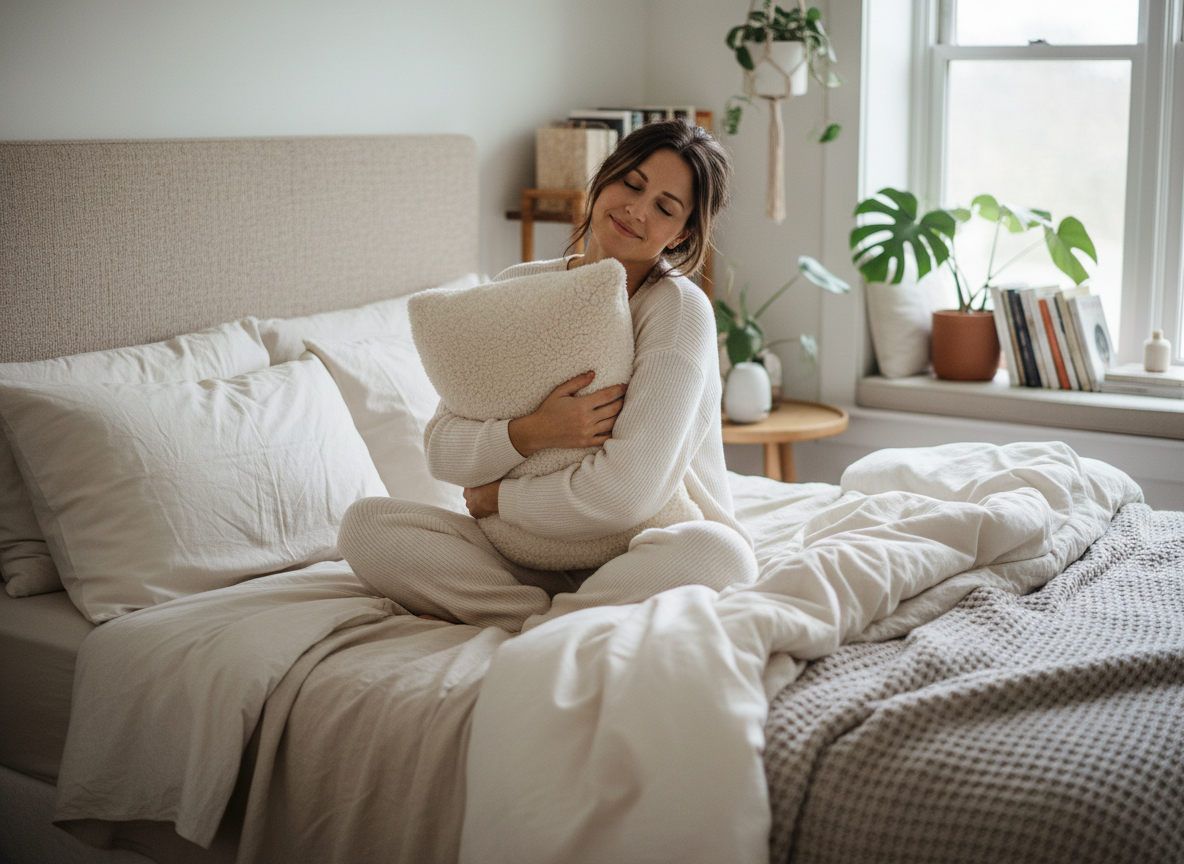 Femme en loungewear cosy dans une chambre apaisante