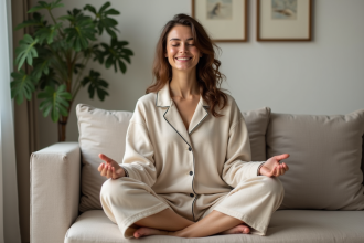 Femme méditant dans un salon moderne et cosy