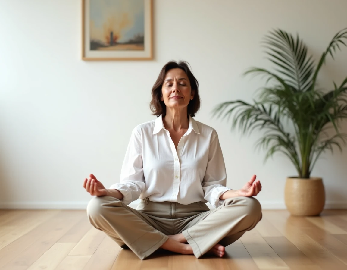 Femme en méditation sur le sol d'un appartement minimaliste, évoquant la sérénité et la quête de sens face aux signes du destin