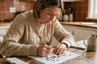Femme concentrée résolvant des mots fléchés avec un crayon sur une grille imprimée, attablée dans une cuisine chaleureuse