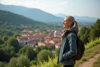 Femme regardant un village français depuis une colline verdoyante