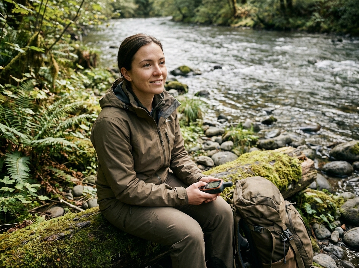 Femme en plein air tenant un GPS près d