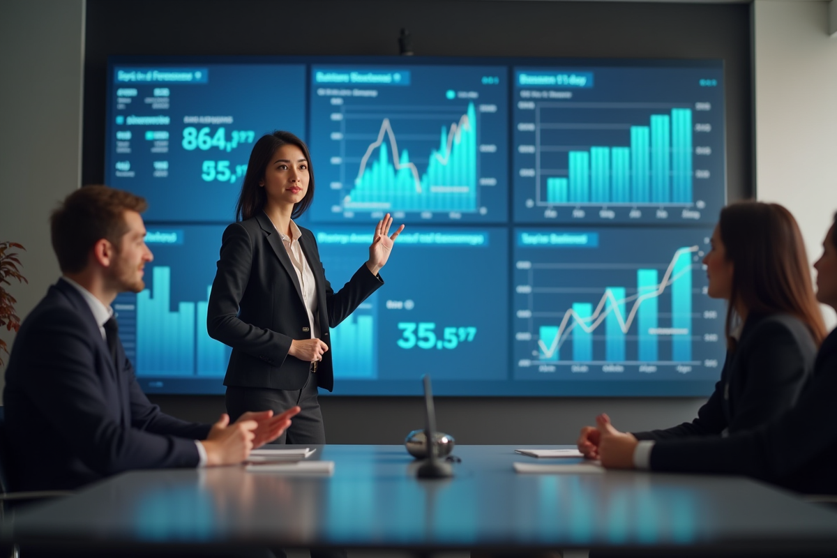 Jeune femme expliquant des graphiques économiques en réunion