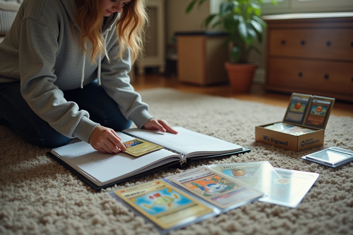 Jeune femme rangeant des cartes Pokémon rares dans un classeur de collection avec des boîtes de stockage organisées