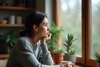 Femme songeuse devant une fenêtre pluvieuse, symbolisant la réflexion intérieure et le doute face aux changements de vie