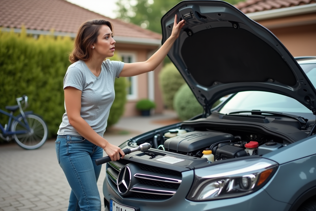 Femme ajustant la courroie sous le capot d