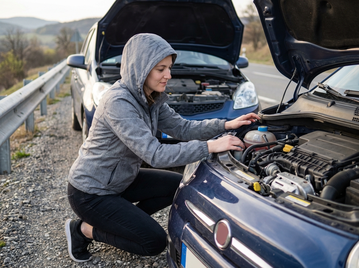 Femme examine moteur de voiture sur le bord de la route