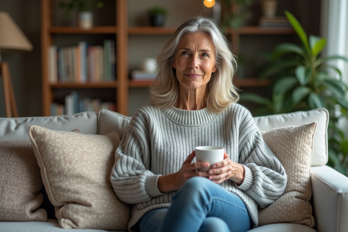 Femme assise sur un canapé avec une tasse de tisane