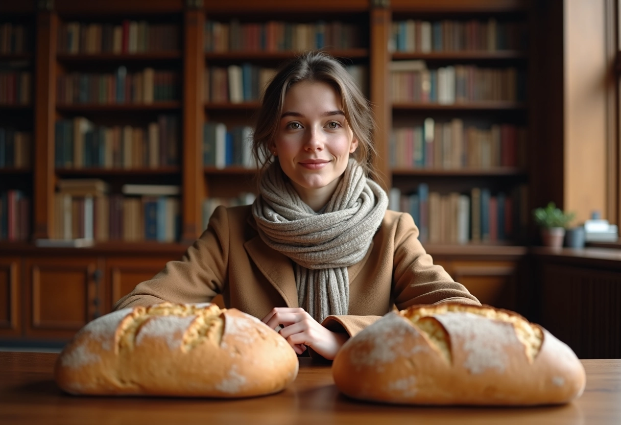 Jeune femme dans une bibliothèque avec pain sur la table