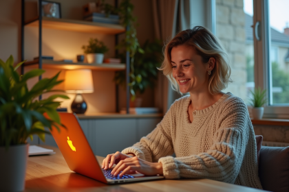 Femme détendue utilisant le portail Orange sur son ordinateur