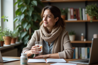 Femme en tenue casual prenant des vitamines à la maison