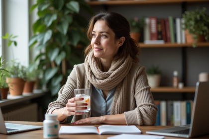 Femme en tenue casual prenant des vitamines à la maison