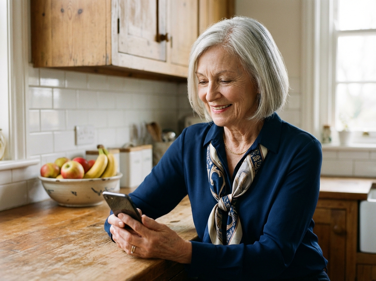 Sénior femme souriante avec smartphone dans la cuisine
