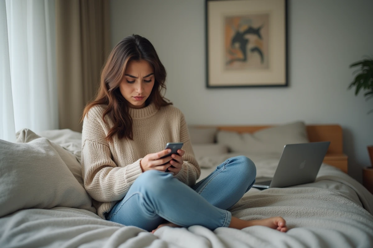 Jeune femme assise sur un lit examinant son smartphone dans une chambre minimaliste