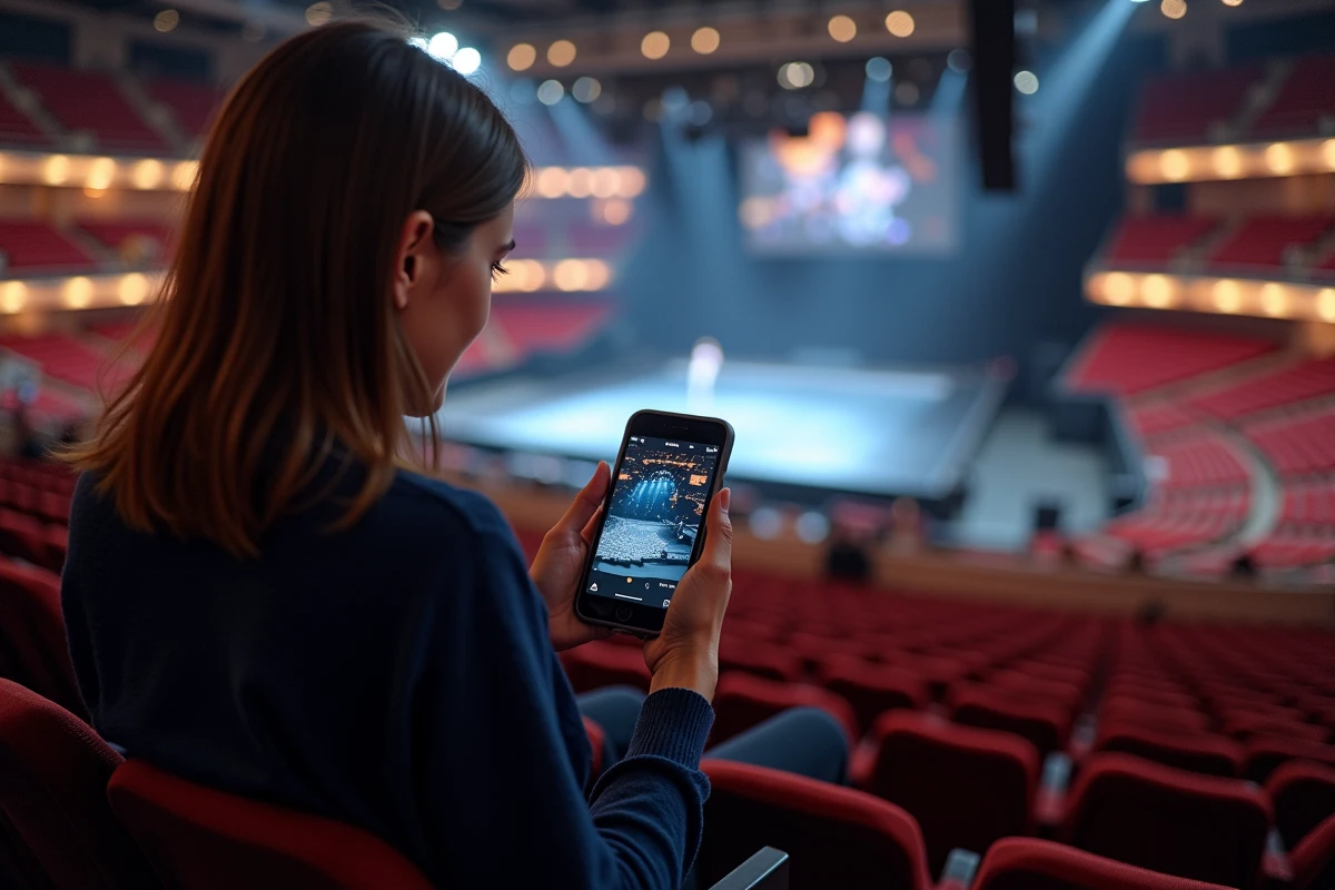 Femme vérifiant sur son téléphone le plan de salle de l'Accor Arena depuis sa place en fosse avant un concert