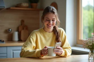 Femme souriante le matin lisant un message de bonne humeur sur son téléphone avec un café à la main
