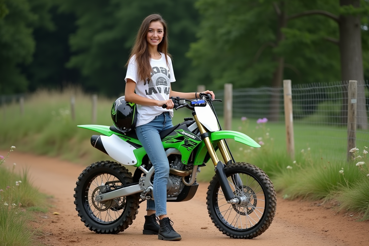 Femme souriante avec moto tout-terrain en paddock