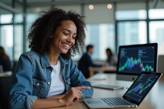 Jeune femme souriante pointant une tablette blockchain
