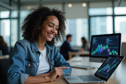 Jeune femme souriante pointant une tablette blockchain
