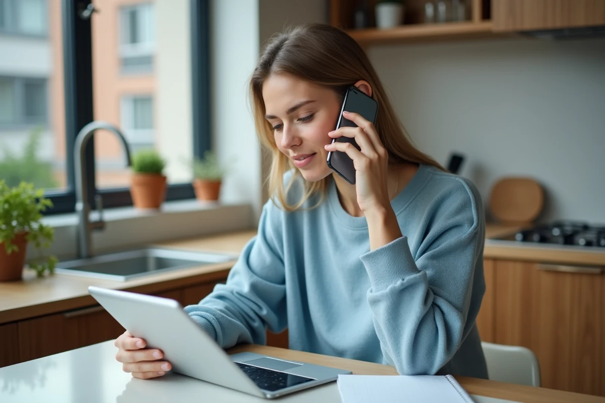 Jeune femme au téléphone dans une cuisine moderne