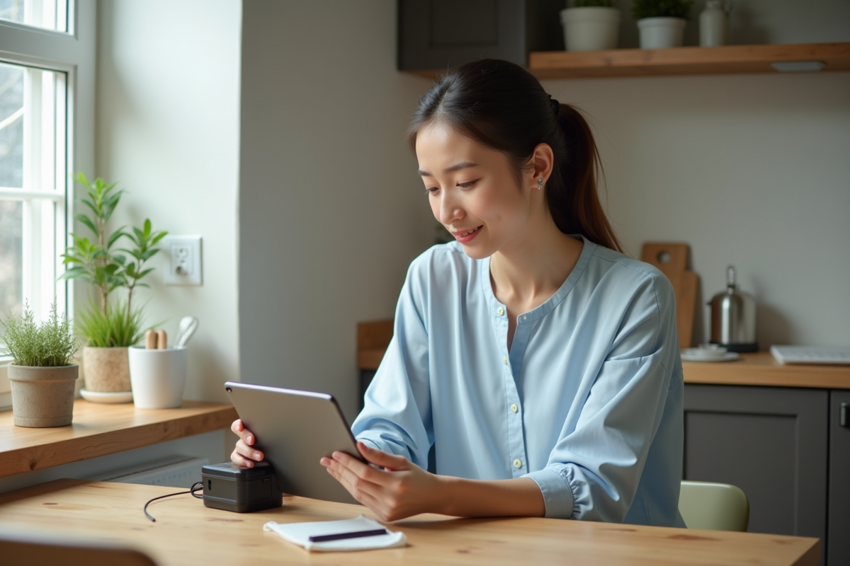Jeune femme examinant une batterie maison avec une tablette