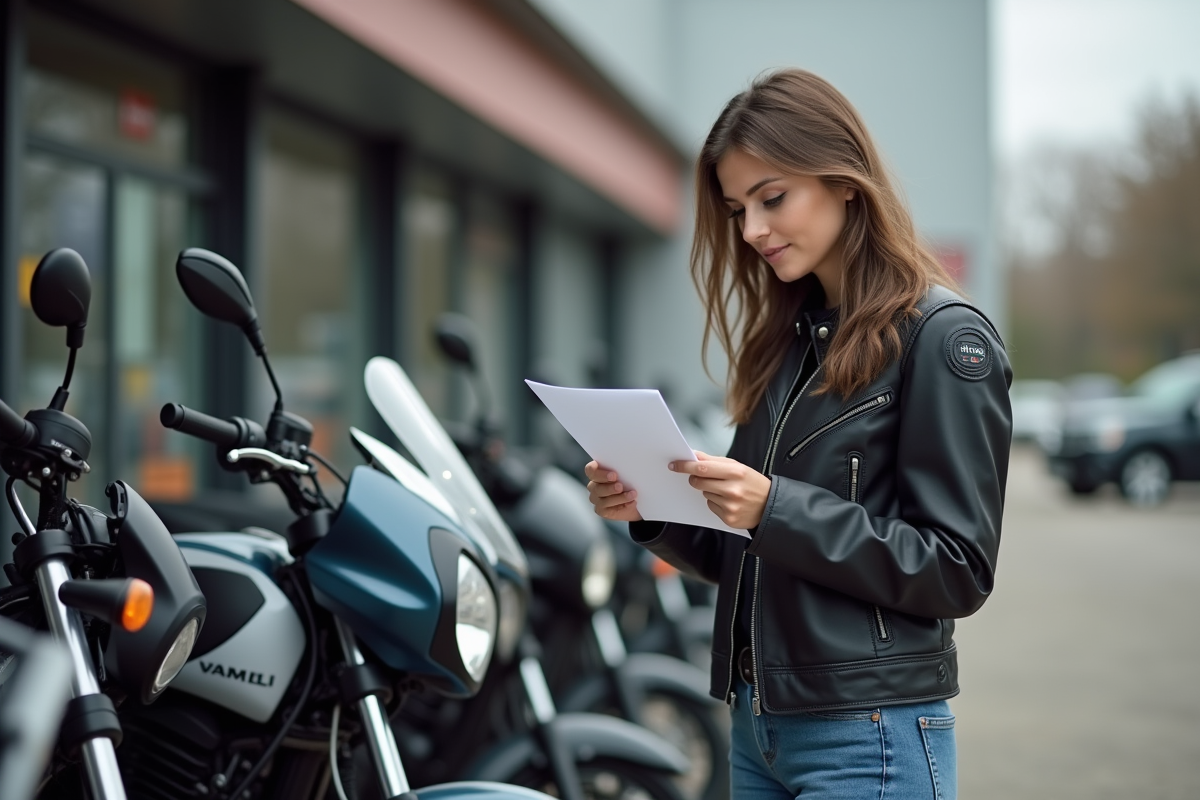 Jeune femme consultant une checklist devant une rangée de motos 50cc