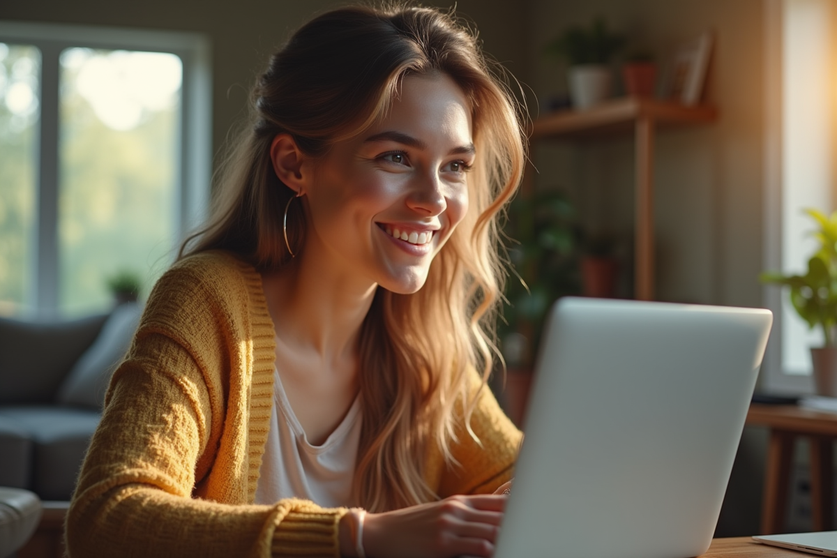 Jeune femme souriante lors d'un appel vidéo à la maison