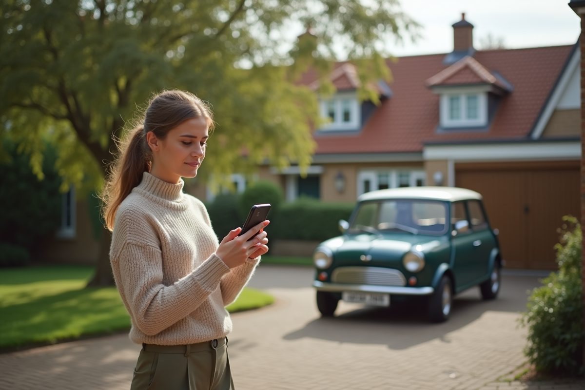 Jeune femme regardant une voiture diesel dans une allée