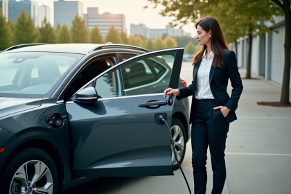 Jeune femme en costume près d'une voiture hybride en ville