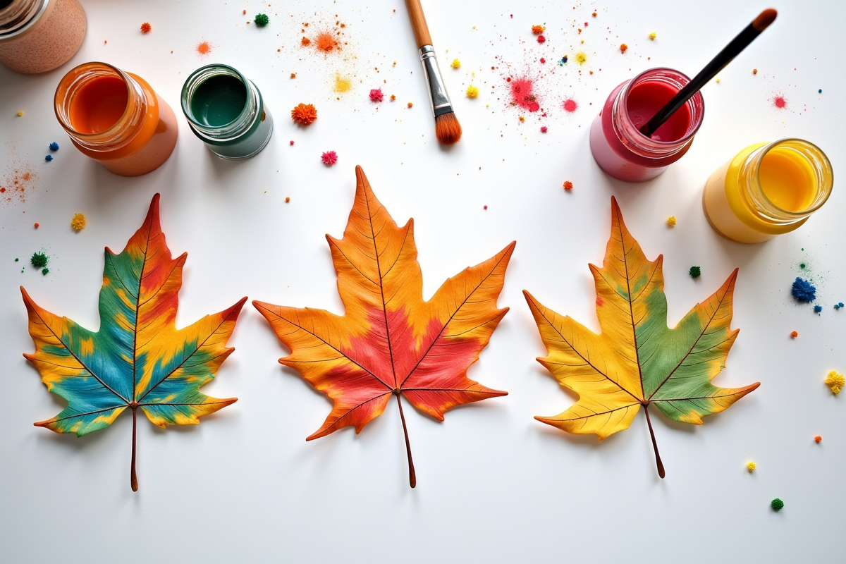 Disposition de feuilles peintes avec motifs colorés sur papier blanc