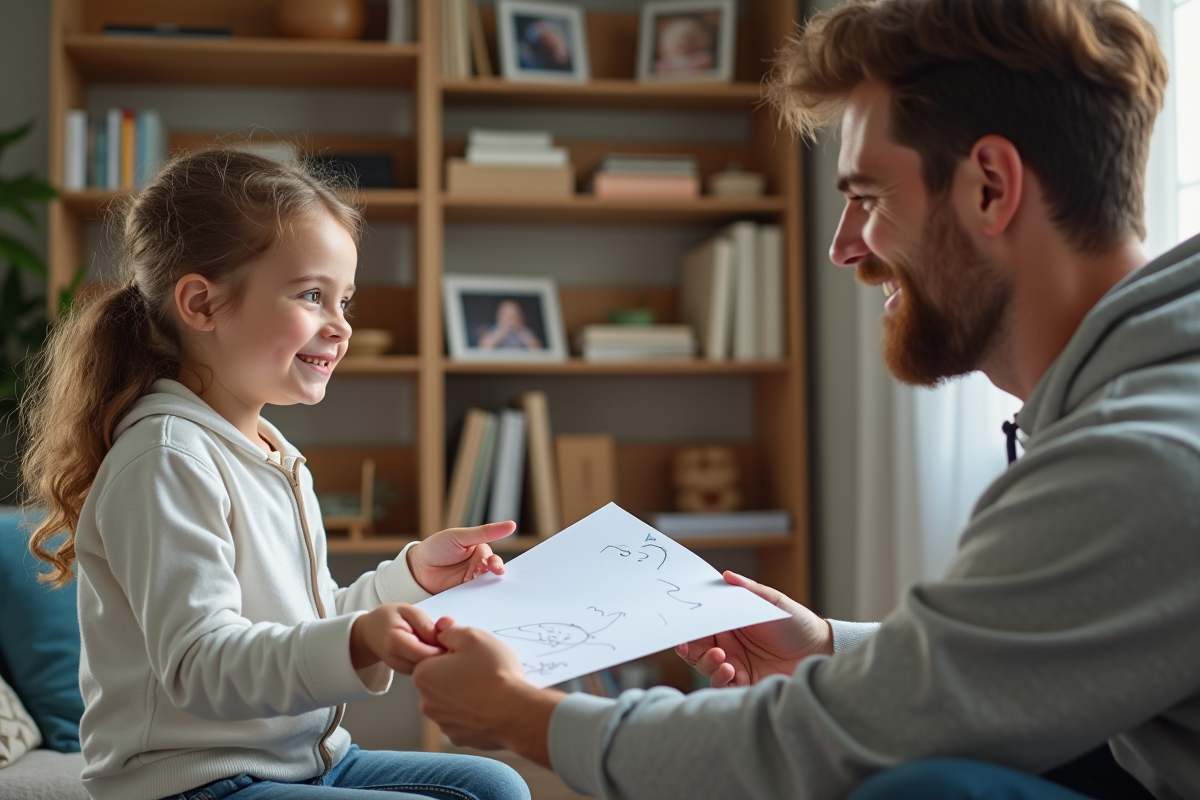 Une fille offre un dessin à son père dans le salon
