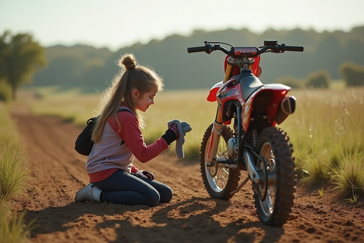 Jeune fille motocross nettoyant sa moto dans un paysage naturel