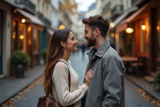 Couple se retrouvant dans une rue parisienne pavée à l'automne, symbolisant la reconnexion des flammes jumelles