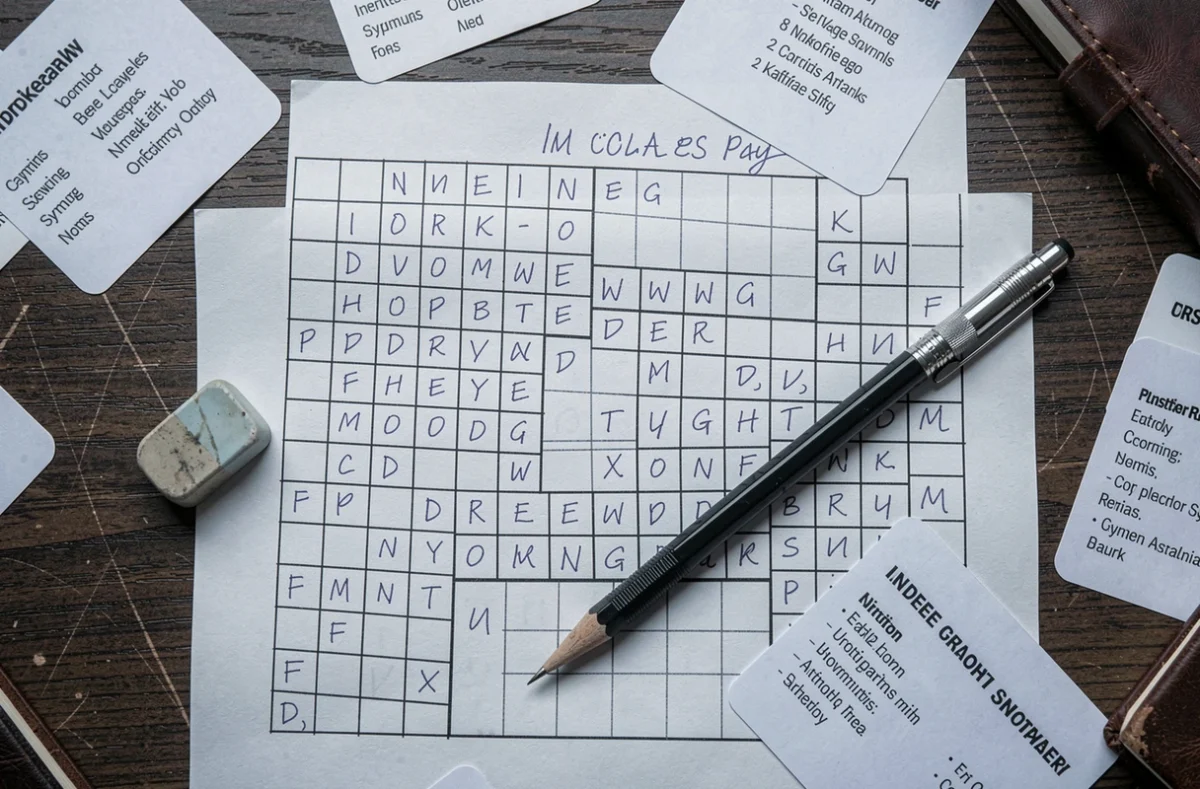 Vue aérienne d'une grille de mots fléchés partiellement remplie entourée de fiches de synonymes et d'une gomme sur un bureau en bois sombre