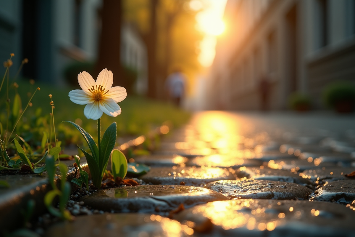 Petite fleur entre pavés urbains après la pluie