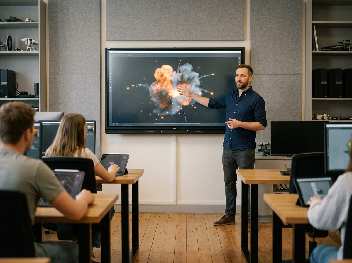 Formateur en VFX expliquant une simulation de particules 3D à ses étudiants dans une école d'arts numériques