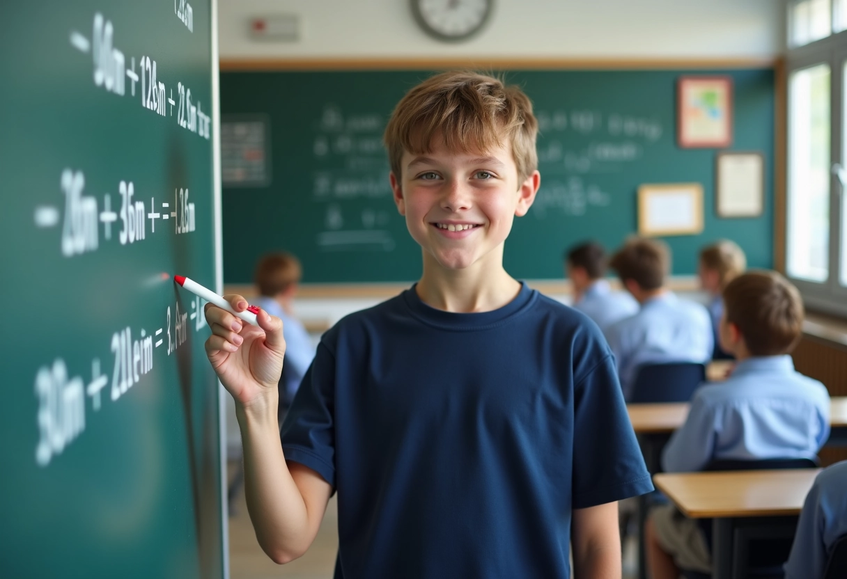 Garçon en classe écrivant une formule de conversion horaire au tableau