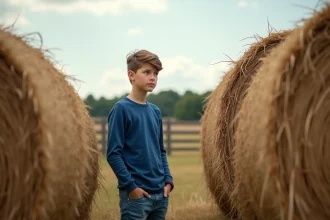 Jeune gar&ccedil;on pensif entre deux meules de foin dans un champ