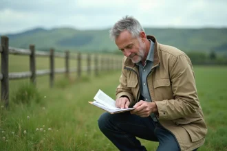 Géomètre expert mesurant une parcelle agricole avec un tableau de conversion hectares en mètres carrés